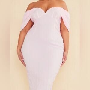 PLT Plus Bardot Midi NWT Plus 26W Baby Pink Coquette Puff Sleeve Wedding Guest